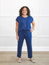 Stef v neck open back capri jumpsuit for women in Marine blue on model Kerri, size M @Kerri-M 