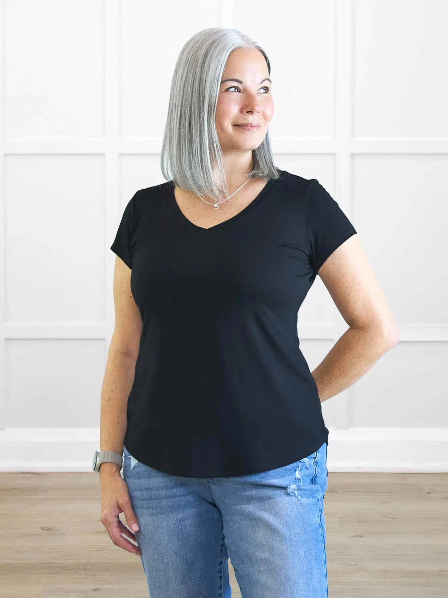 Sutton v neck classic tee in Black on model Kerri, size S Regular @Kerri-S-regular 