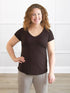 Sutton v neck classic tee 00 in Dark chocolate on model Melanie, size M Regular @Melanie-M-regular 