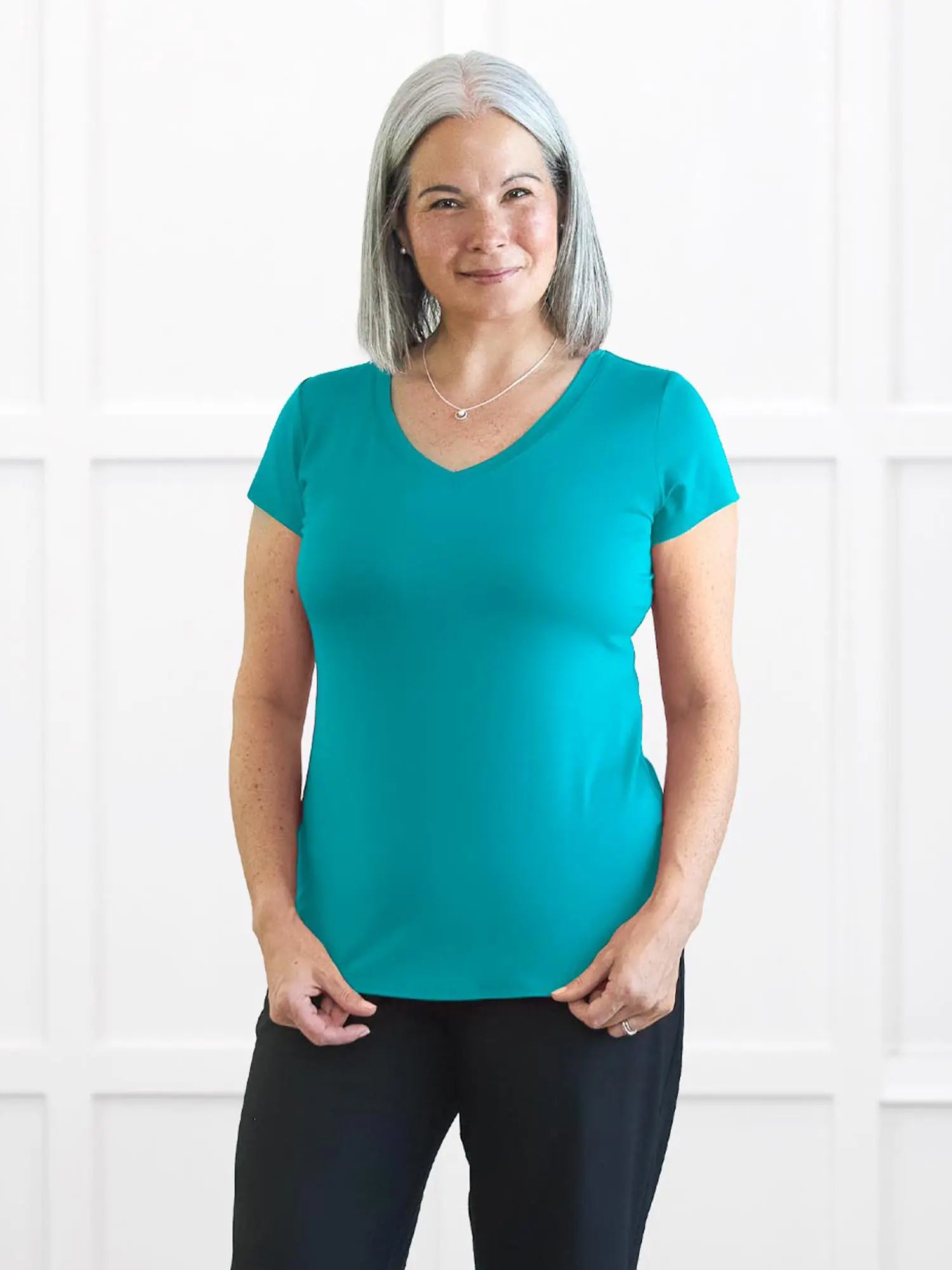 Sutton v neck classic tee in Sea glass on model Kerri, size S Regular @Kerri-S-regular 
