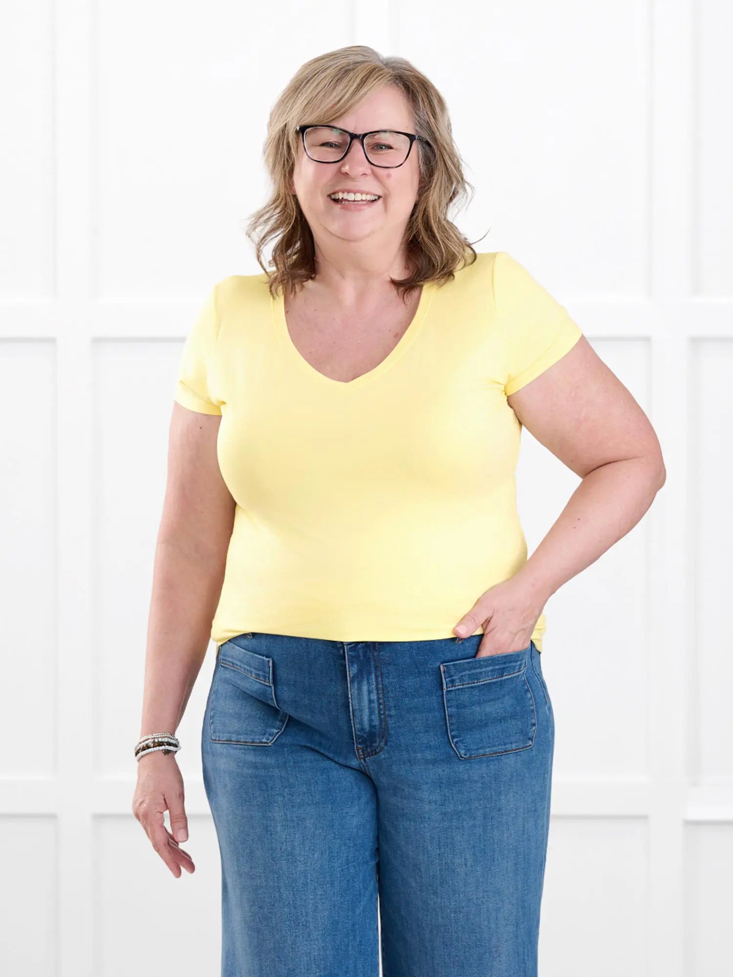 Sutton v neck classic tee for women in Canary yellow on model Deb, size XL Regular @Deb-XL-regular 