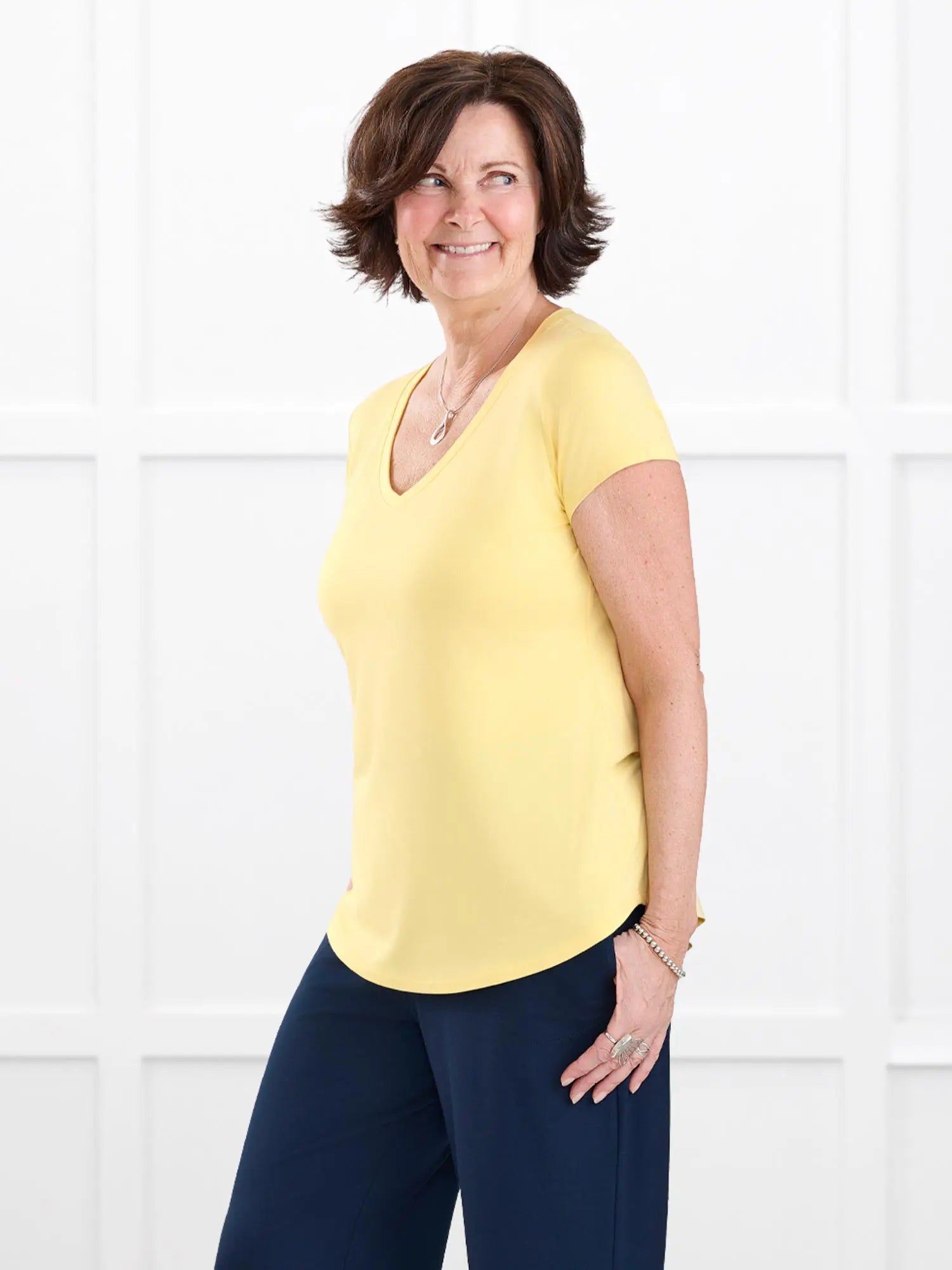 Sutton v neck classic tee for women in Canary yellow on model Donna, size S Regular @Donna-S-regular 