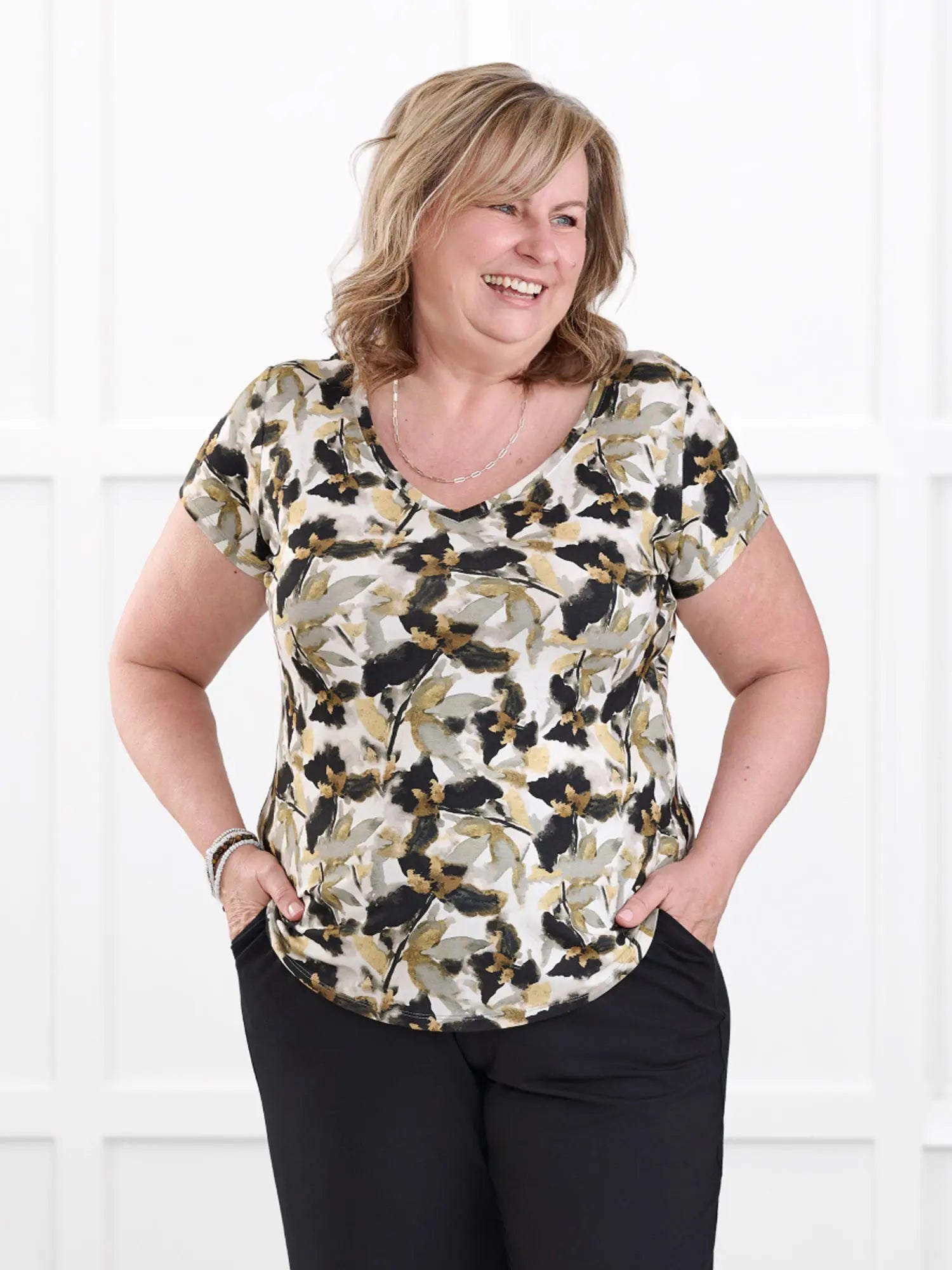 Sutton v neck classic tee for women in Gold leaf on model Deb, size XL Regular @Deb-XL-regular 