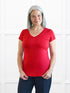 Sutton v neck classic tee for women in Poppy red on model Kerri, size S Regular @Kerri-S-regular 
