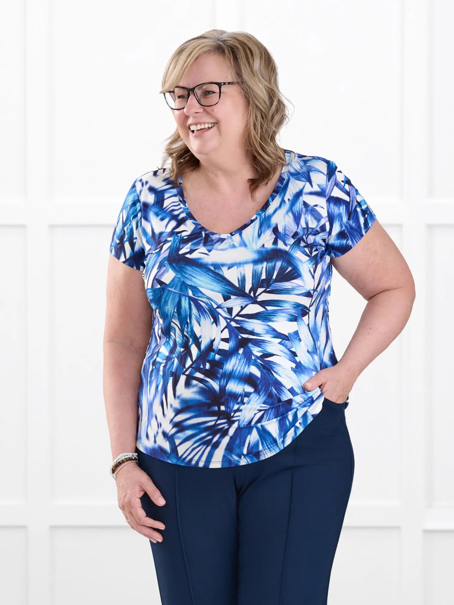 Sutton v neck classic tee for women in Royal palm on model Deb, size XL Regular @Deb-XL-regular 