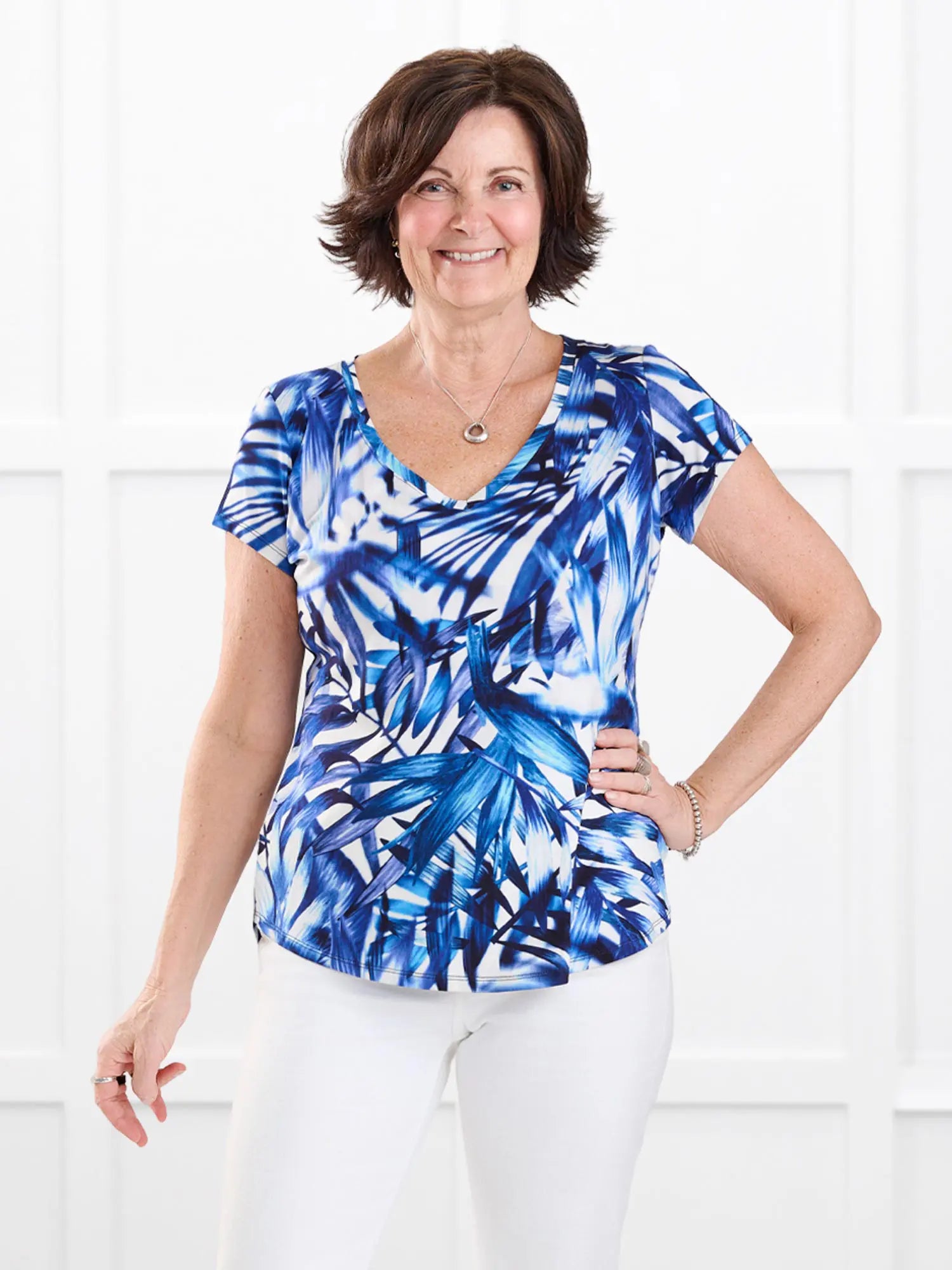 Sutton v neck classic tee for women in Royal palm on model Donna, size S Regular @Donna-S-regular 