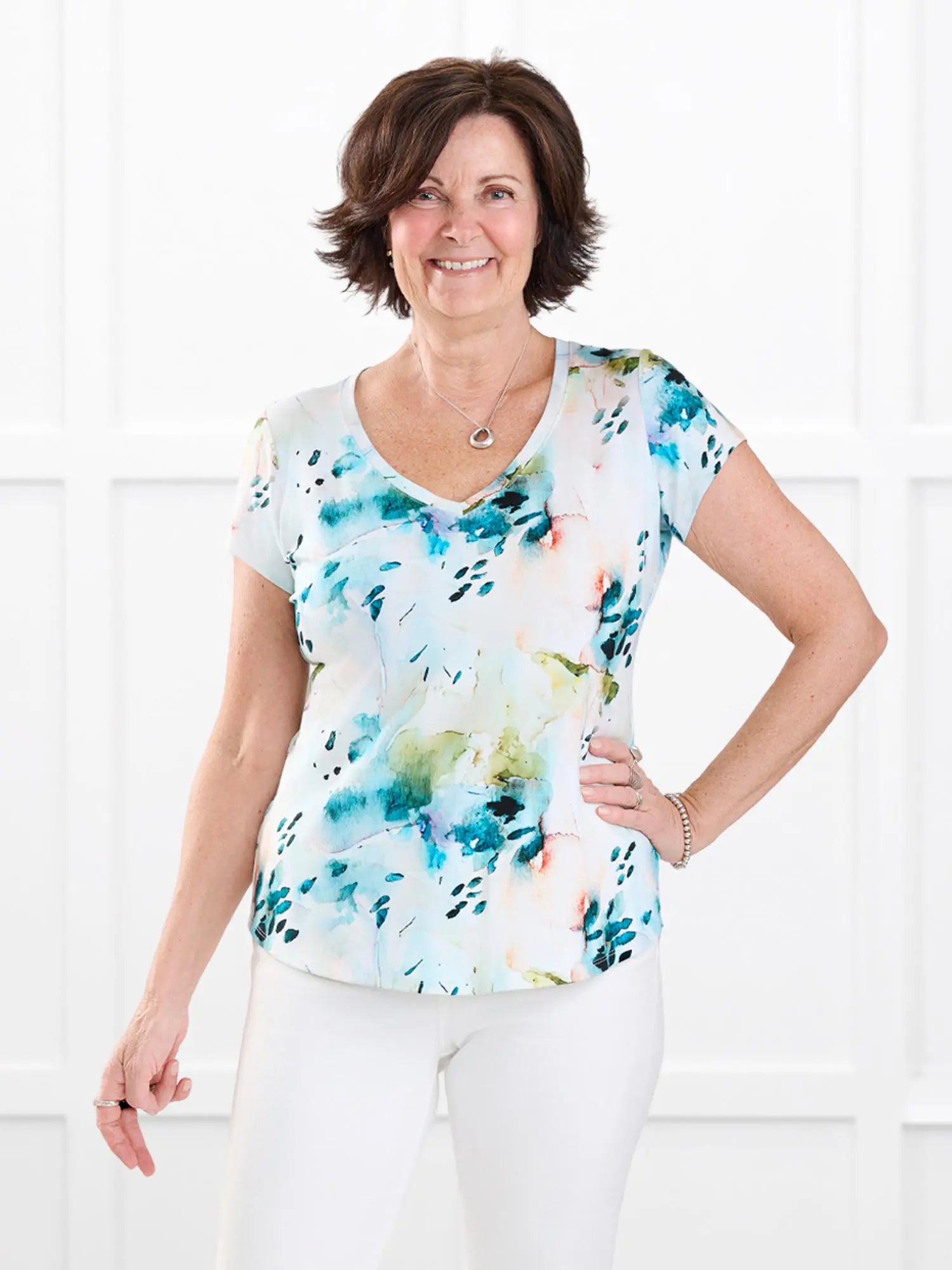 Sutton v neck classic tee for women in Water lily on model Donna, size S Regular @Donna-S-regular 