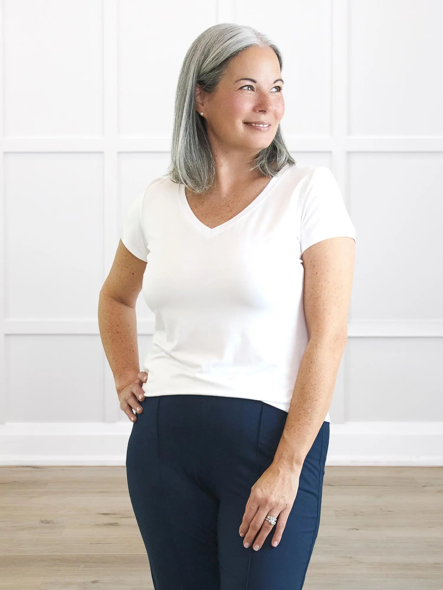 Sutton v neck classic tee for women in White on model Kerri, size S Regular @Kerri-S-regular 