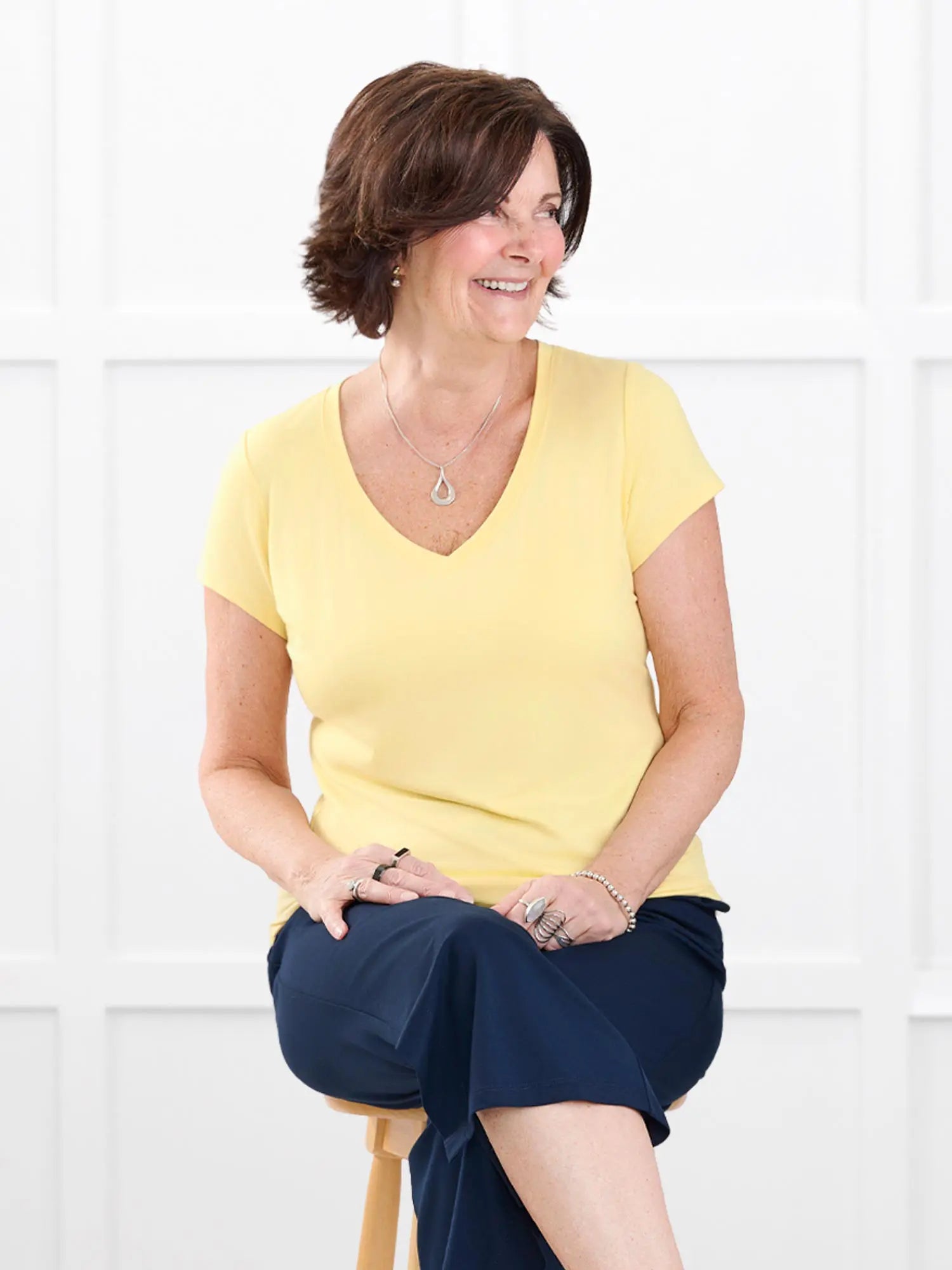 Sutton v neck classic tee for women in Canary yellow on model Donna, size S Regular @Donna-S-regular 