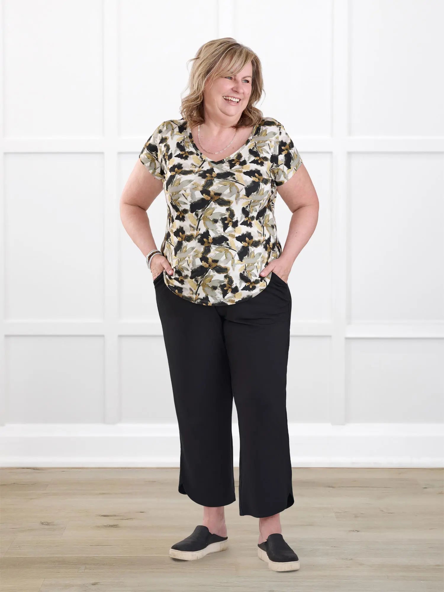 Sutton v neck classic tee for women in Gold leaf on model Deb, size XL Regular @Deb-XL-regular 