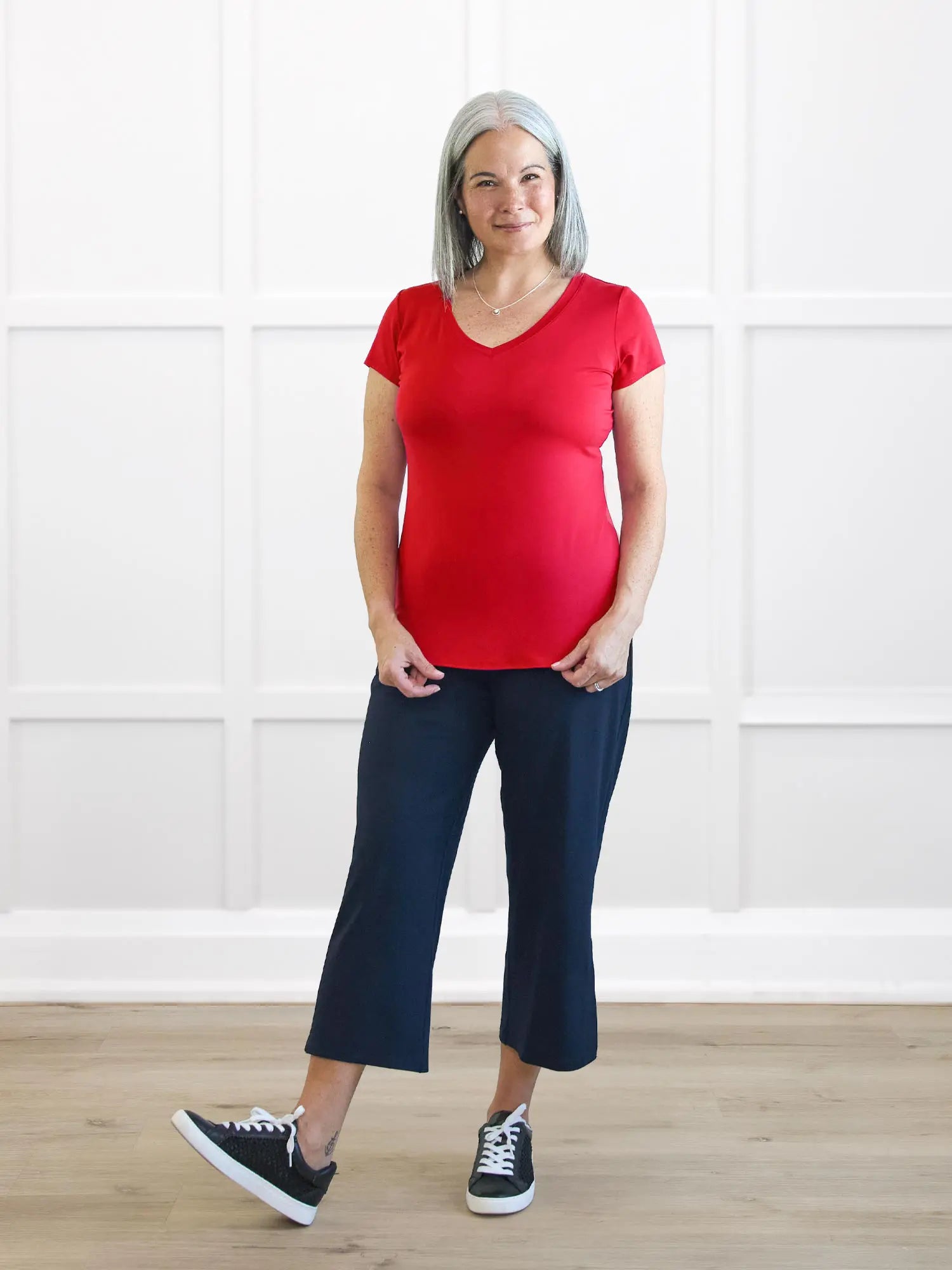 Sutton v neck classic tee for women in Poppy red on model Kerri, size S Regular @Kerri-S-regular 