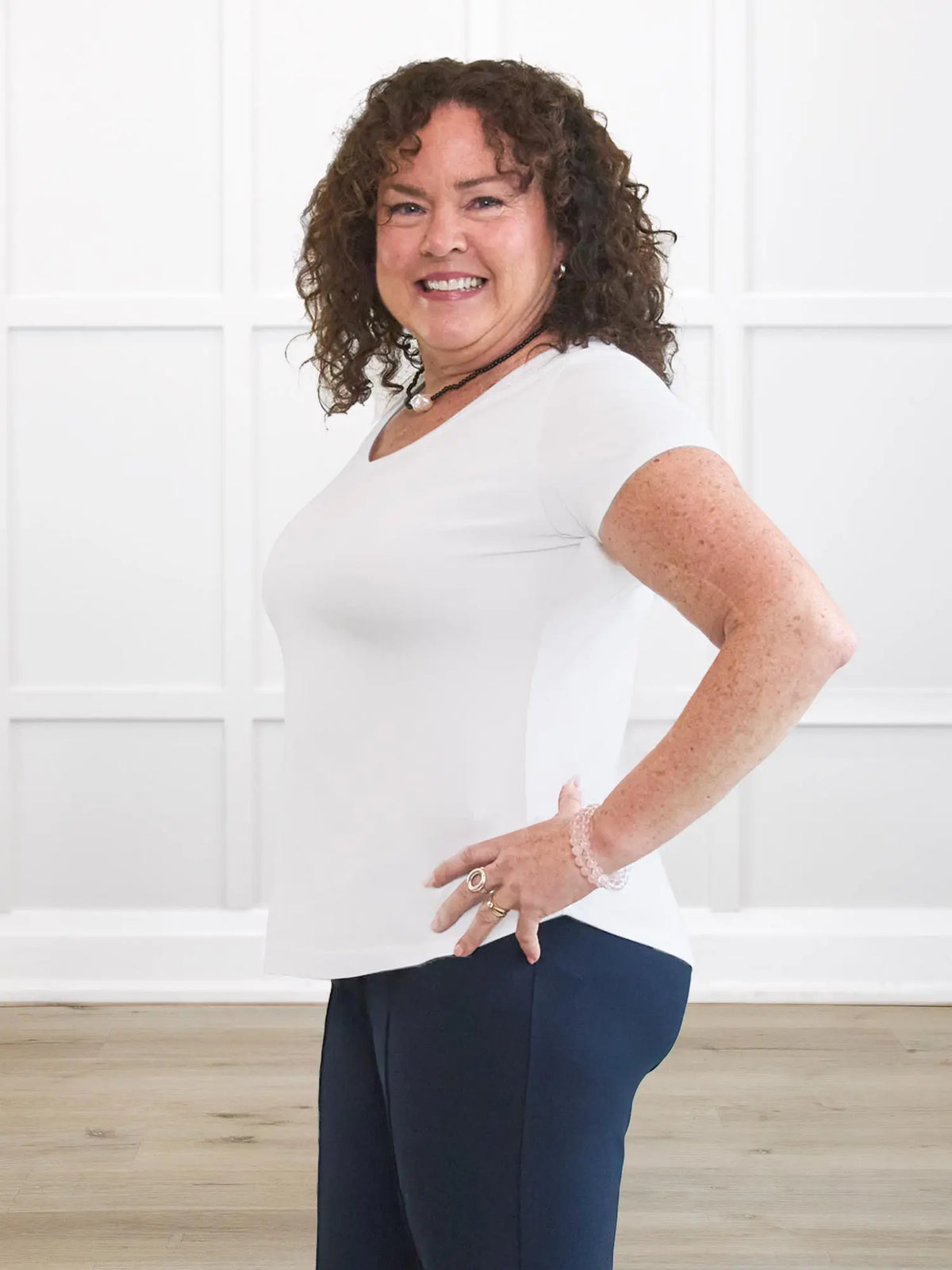 Sutton v neck classic tee for women in White on model Kerri, size M Petite @Kerri-M-petite 