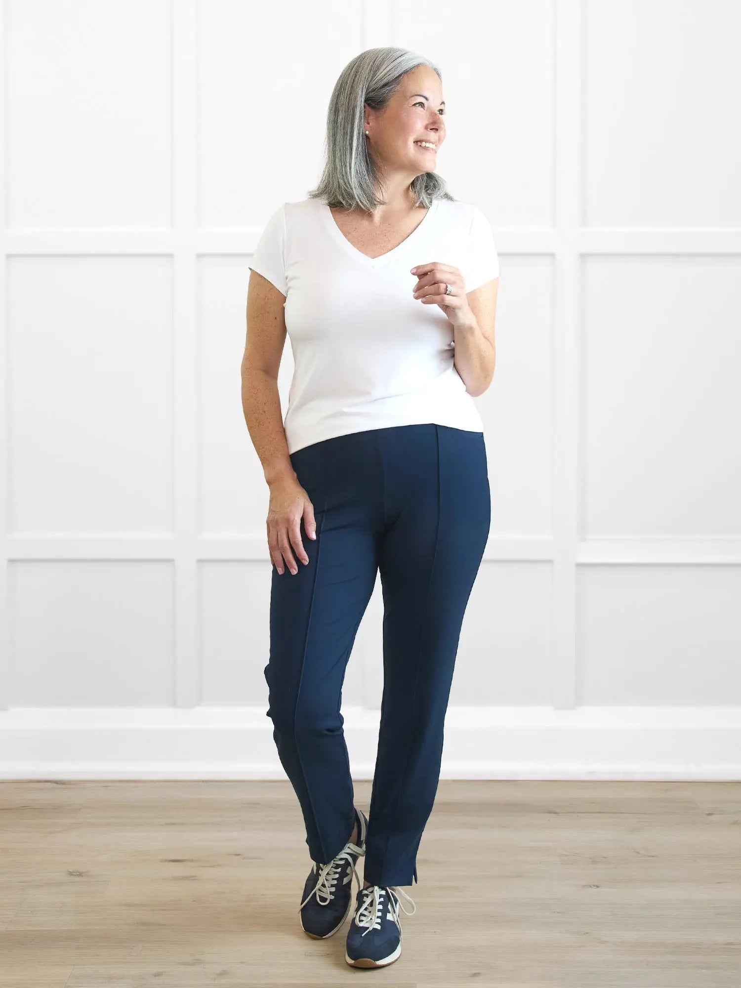 Sutton v neck classic tee for women in White on model Kerri, size S Regular @Kerri-S-regular 