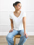 Sutton v neck classic tee for women in White on model Meron, size XS Regular @Meron-XS-regular 