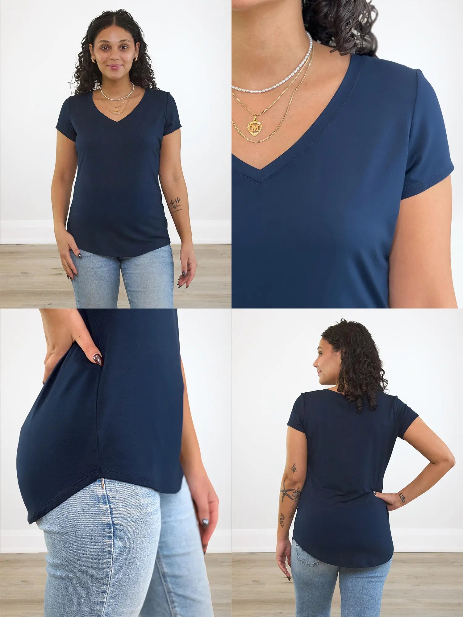 4 images showing the detail of Sutton v-neck classic t-shirt. 