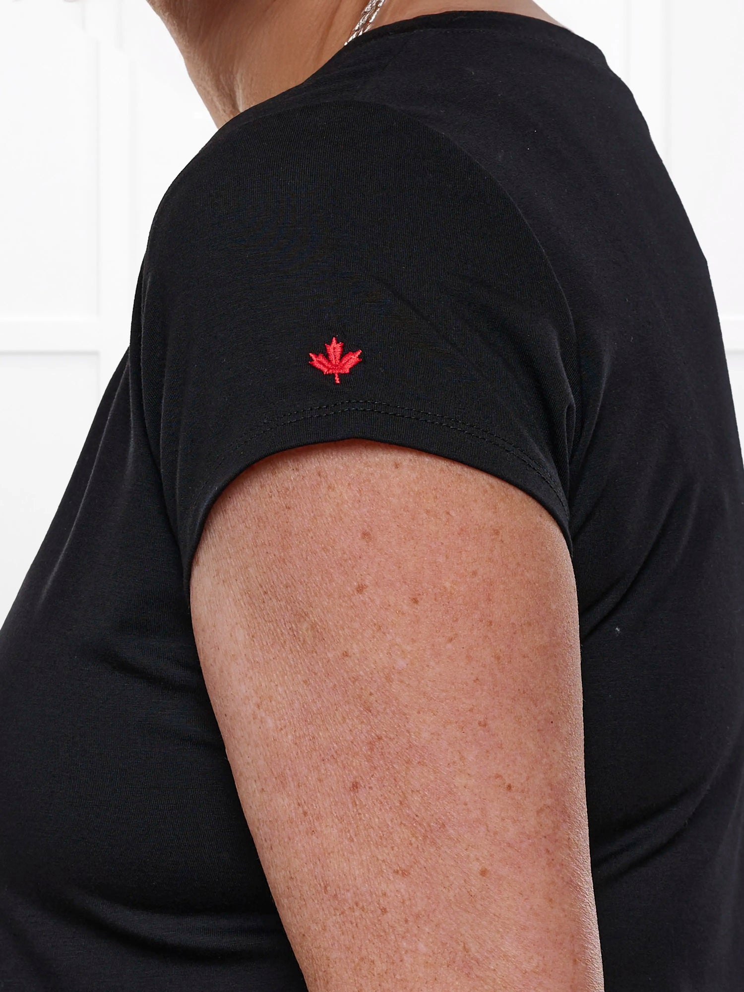 Sutton v neck maple leaf sleeve tee special edition for women in Black with red leaf 