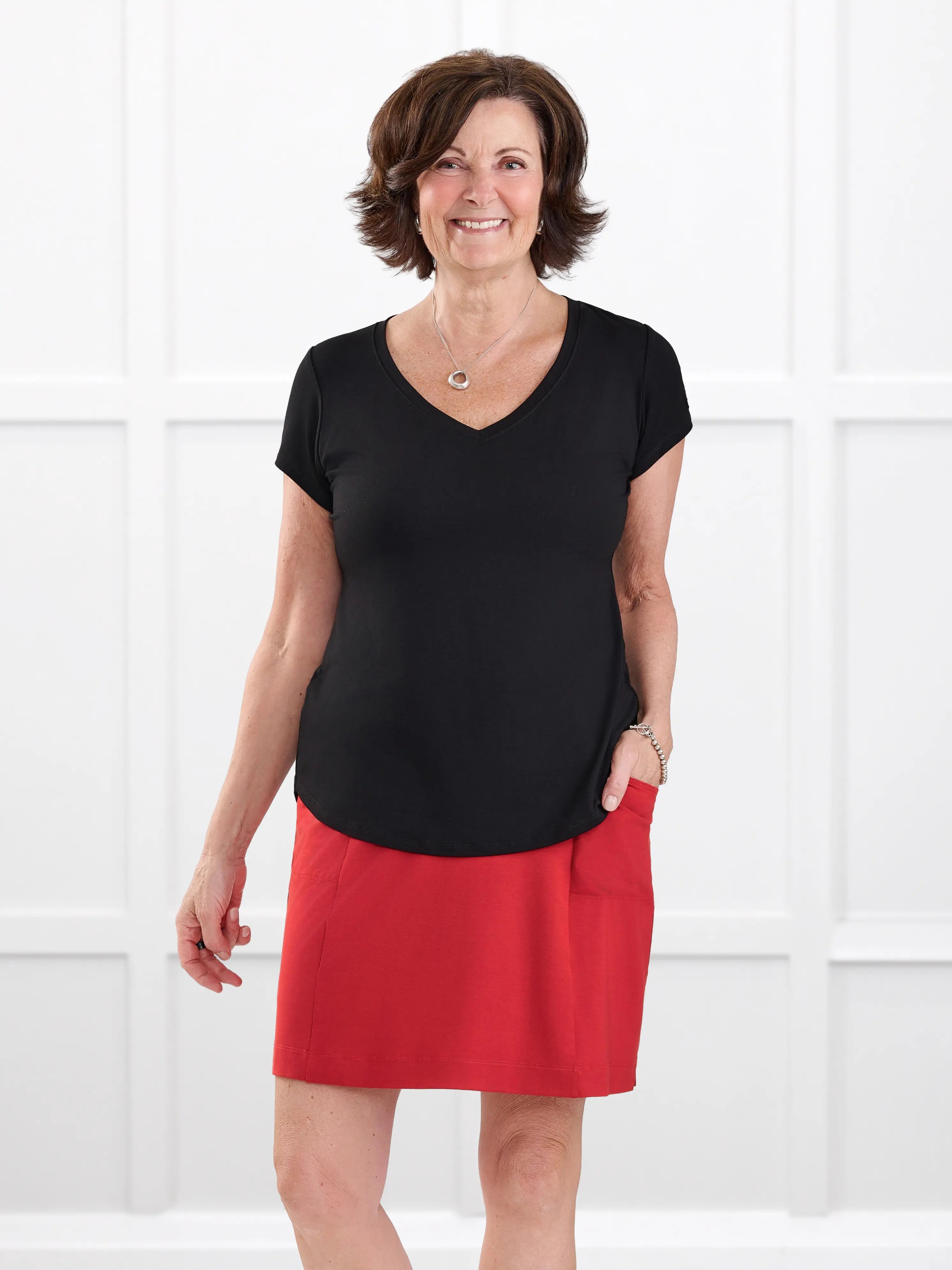 Sutton v neck maple leaf sleeve tee special edition for women in Black with red leaf on model Donna, size S @Donna-S 