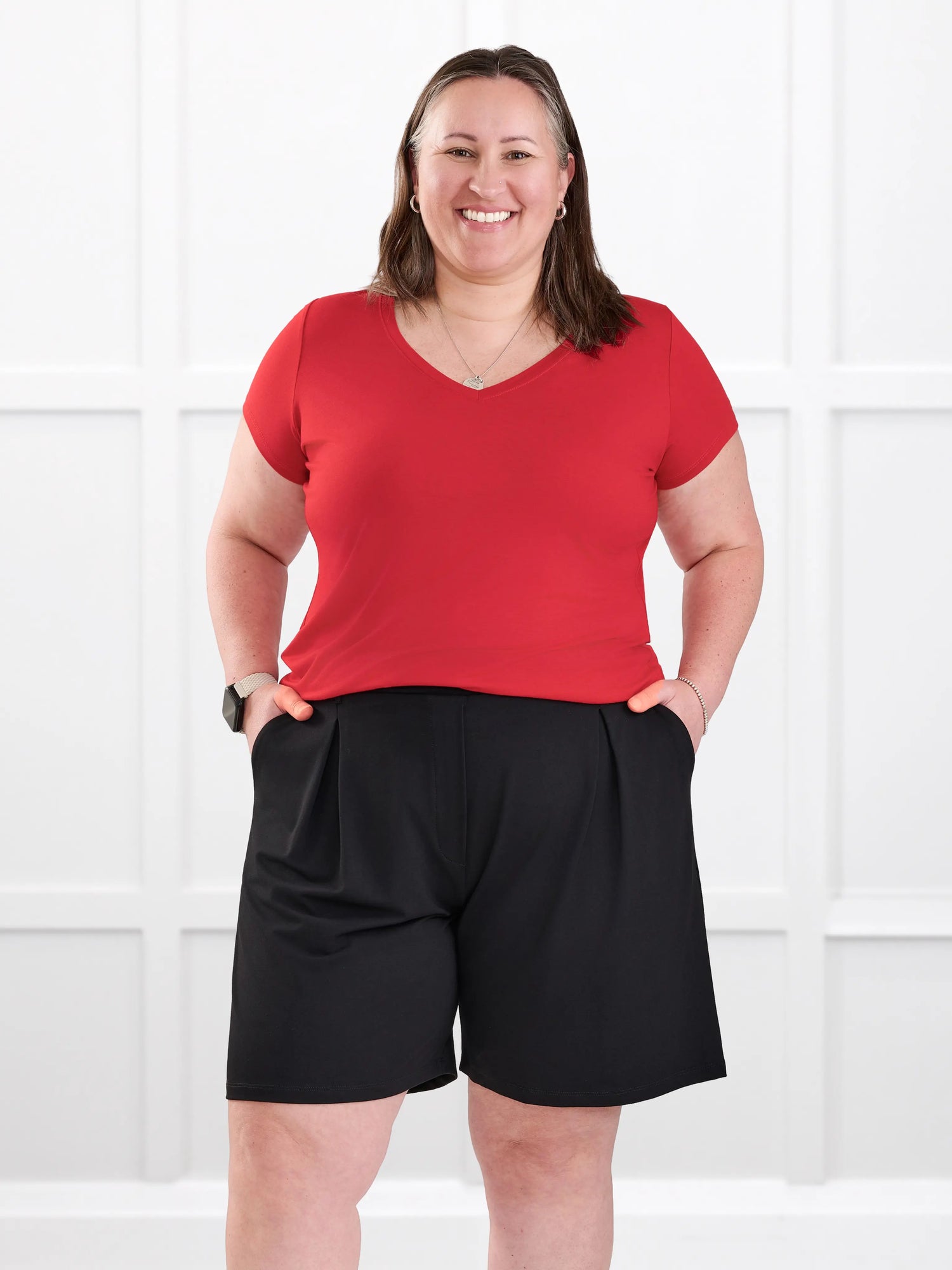 Sutton v neck maple leaf sleeve tee special edition for women in Poppy red with white leaf on model Cristina, size XXL @Cristina-XXL 