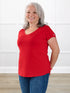 Sutton v neck maple leaf sleeve tee special edition for women in Poppy red with white leaf on model Rula, size L @Rula-L 