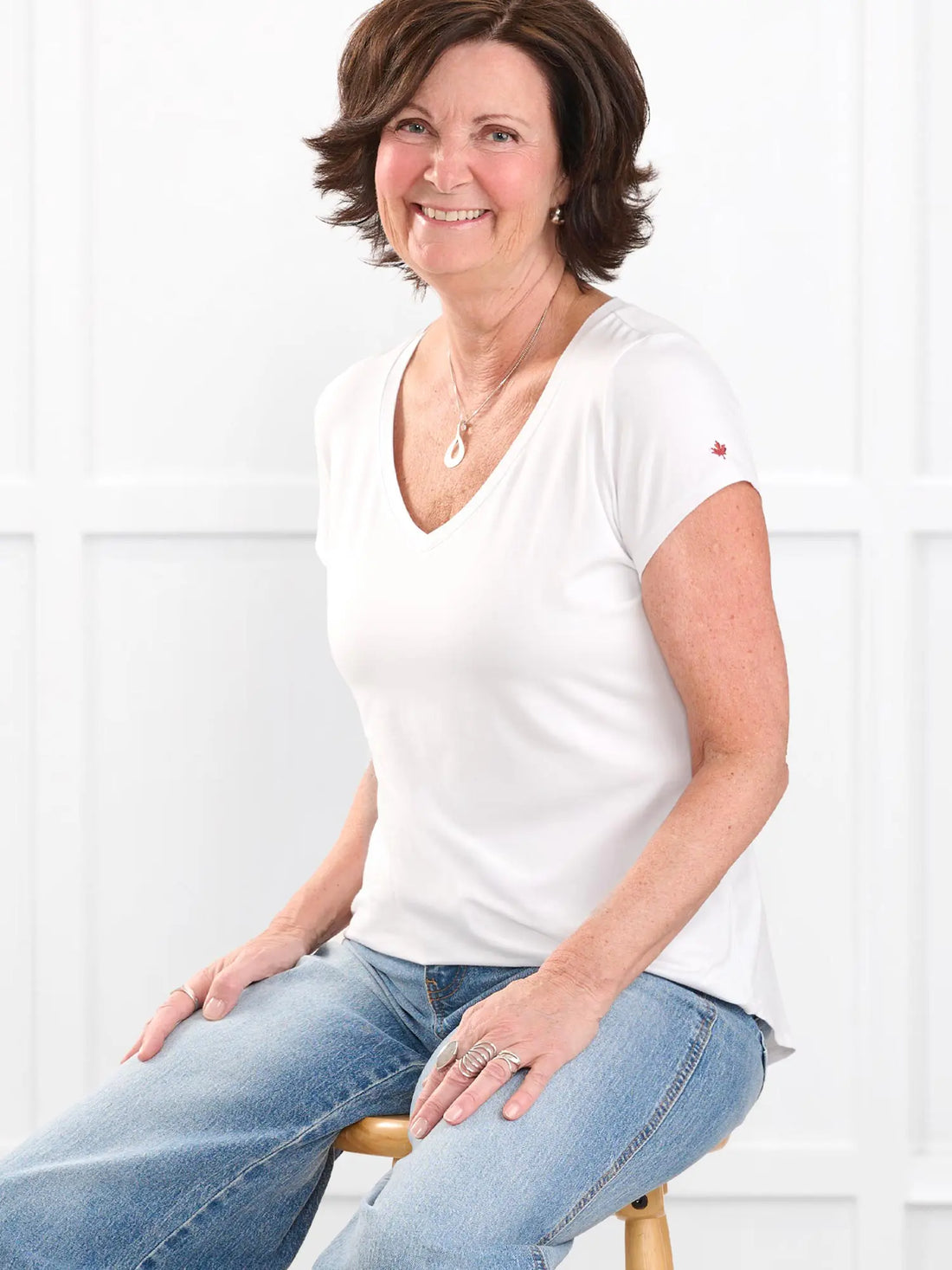 Sutton v neck maple leaf sleeve tee special edition for women in White with red leaf on model Donna, size S @Donna-S 
