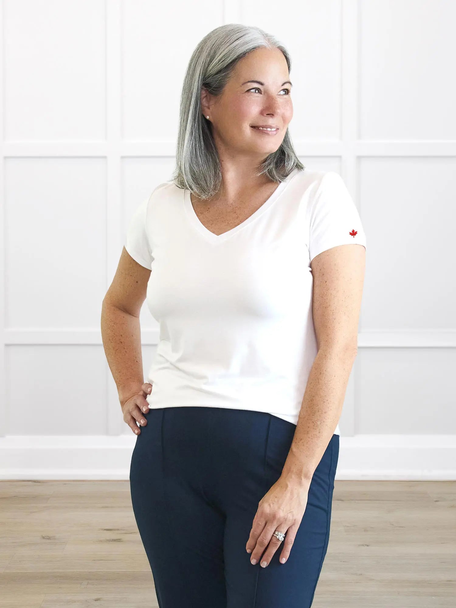Sutton v neck maple leaf sleeve tee special edition for women in White with red leaf on model Kerri, size S @Kerri-S 