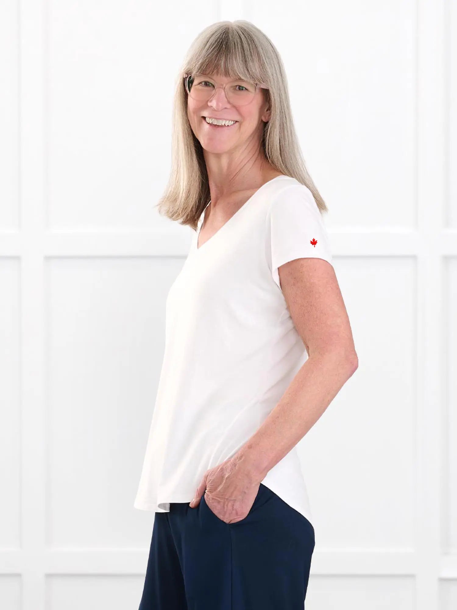 Sutton v neck maple leaf sleeve tee special edition for women in White with red leaf on model Rose, size M @Rose-M 