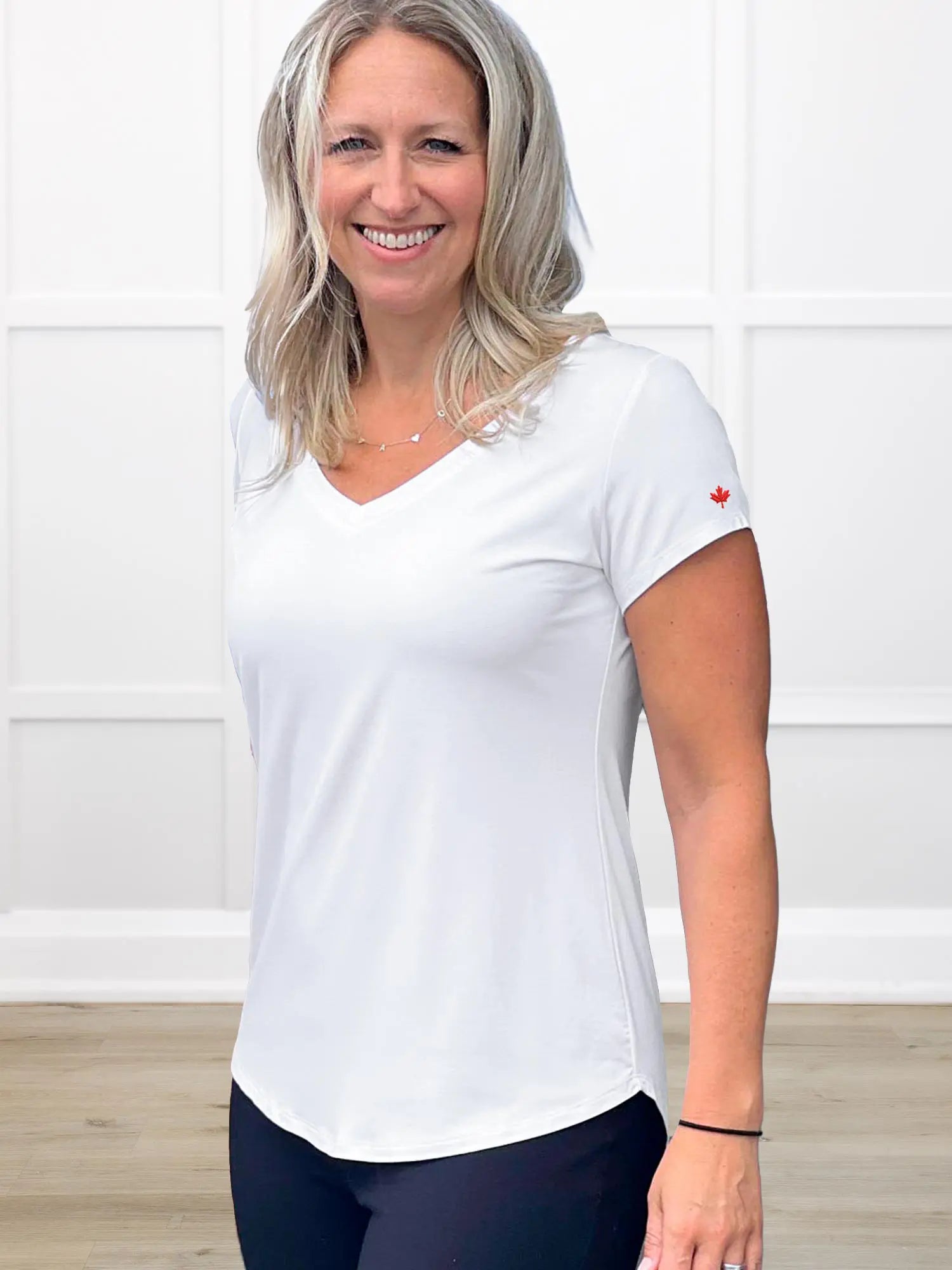 Sutton v neck maple leaf sleeve tee special edition for women in White with red leaf on model Sue, size XS @Sue-XS 