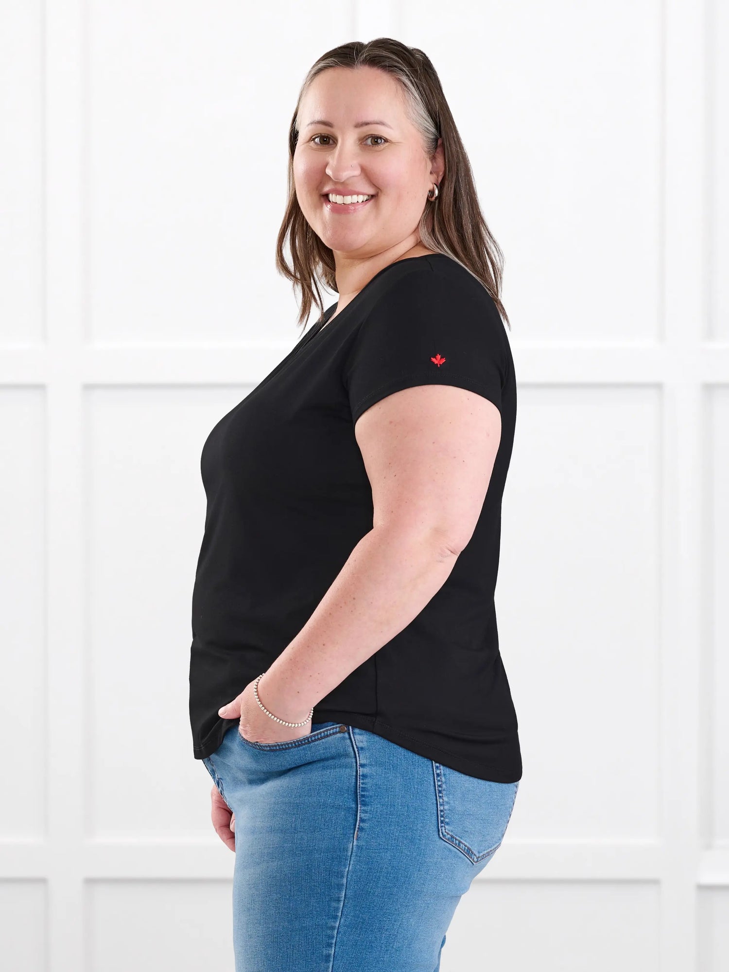 Sutton v neck maple leaf sleeve tee special edition for women in Black with red leaf on model Cristina, size XXL @Cristina-XXL 