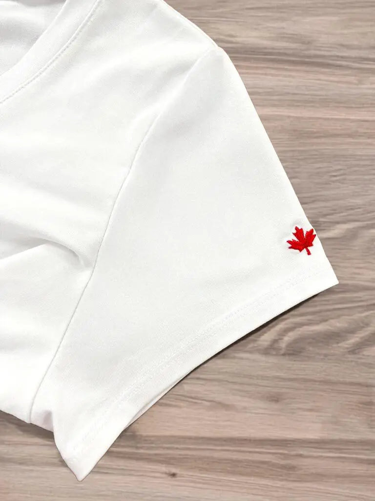 Sutton v neck maple leaf sleeve tee special edition for women in White with red leaf 