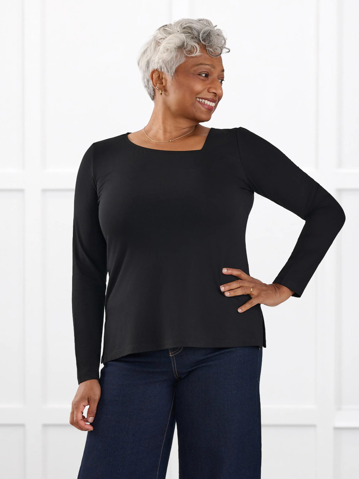 Tanna asymmetrical neckline top for women in Black on model Keethai, size M @Keethai-M 