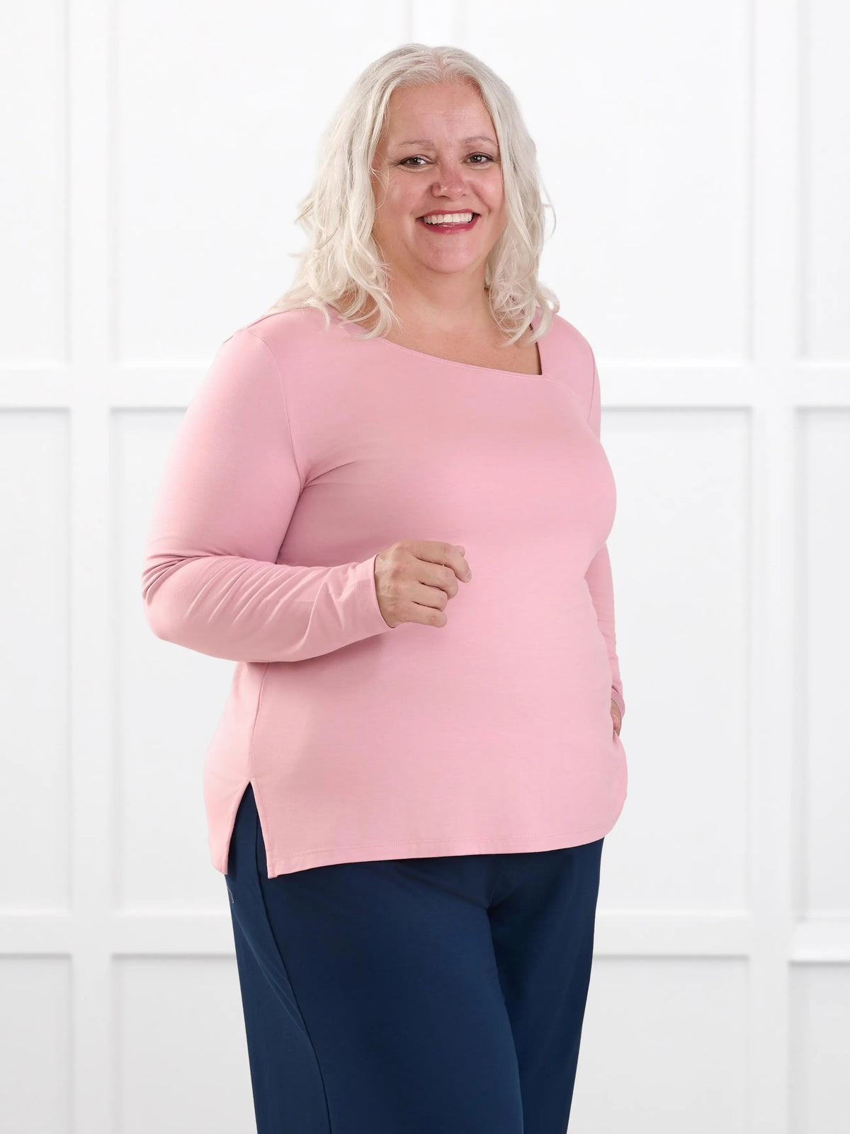 Tanna asymmetrical neckline top for women in Rosebud on model Colleen, size XXL @Colleen-XXL 