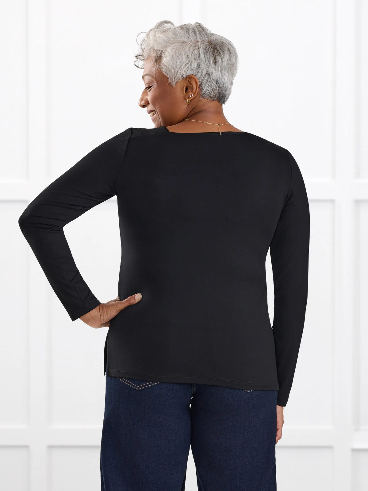 Tanna asymmetrical neckline top for women in Black on model Keethai, size M @Keethai-M 