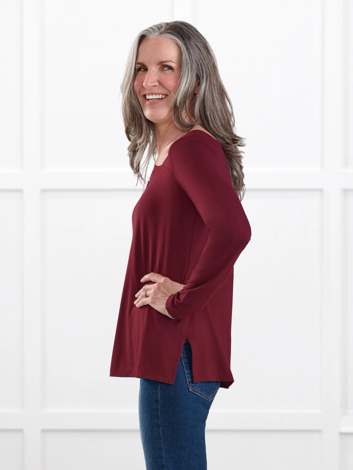 Tanna asymmetrical neckline top for women in Merlot on model Jen, size XS @Jen-XS 