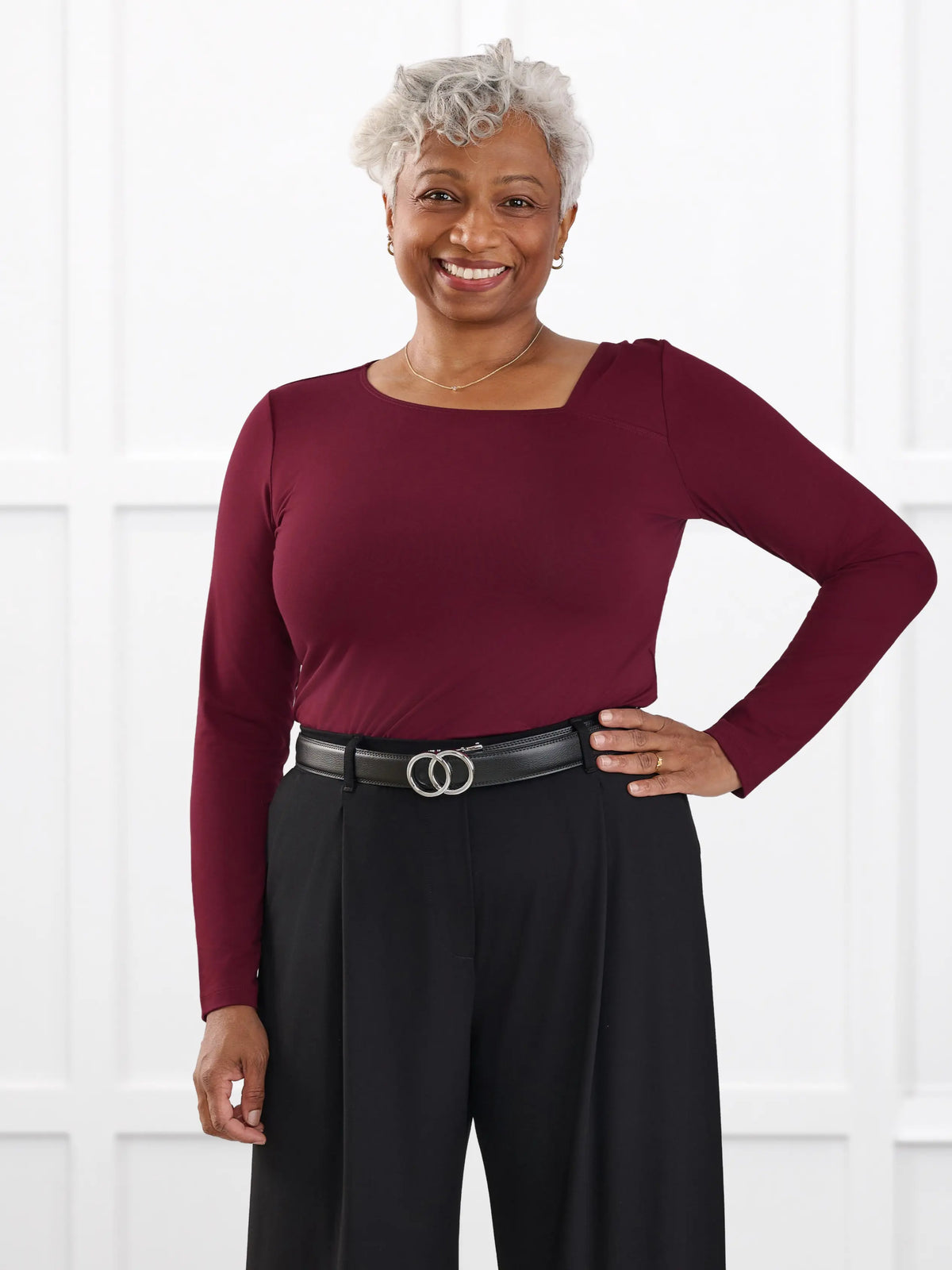 Tanna asymmetrical neckline top for women in Merlot on model Keethai, size M @Keethai-M 