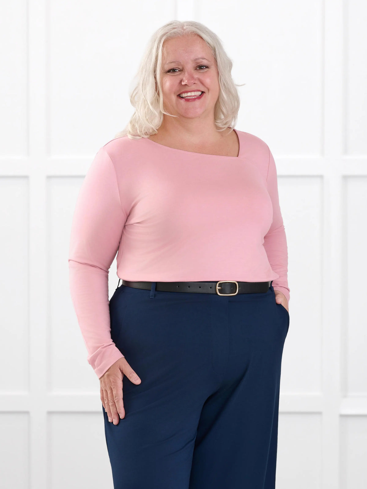 Tanna asymmetrical neckline top for women in Rosebud on model Colleen, size XXL @Colleen-XXL 