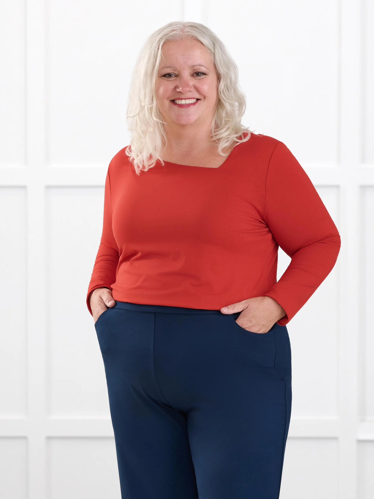 Tanna asymmetrical neckline top for women in Terracotta on model Colleen, size XXL @Colleen-XXL 