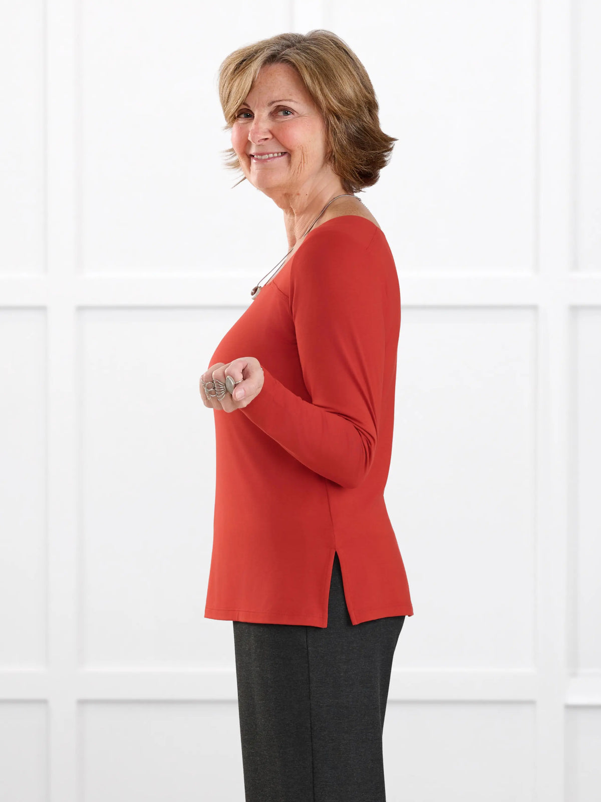 Tanna asymmetrical neckline top for women in Terracotta on model Donna, size S @Donna-S 
