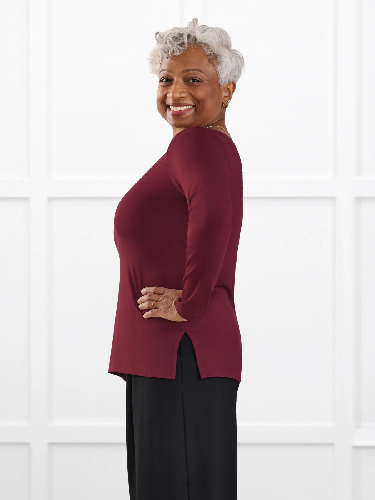 Tanna asymmetrical neckline top for women in Merlot on model Keethai, size M @Keethai-M 