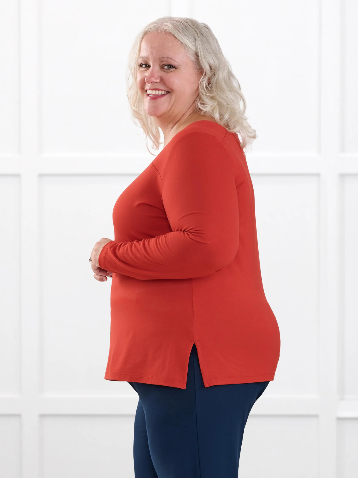 Tanna asymmetrical neckline top for women in Terracotta on model Colleen, size XXL @Colleen-XXL 
