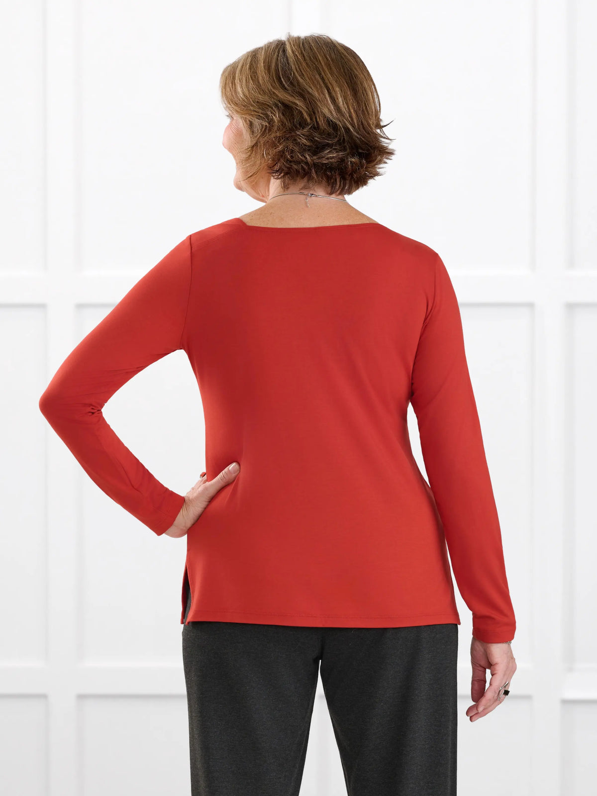 Tanna asymmetrical neckline top for women in Terracotta on model Donna, size S @Donna-S 