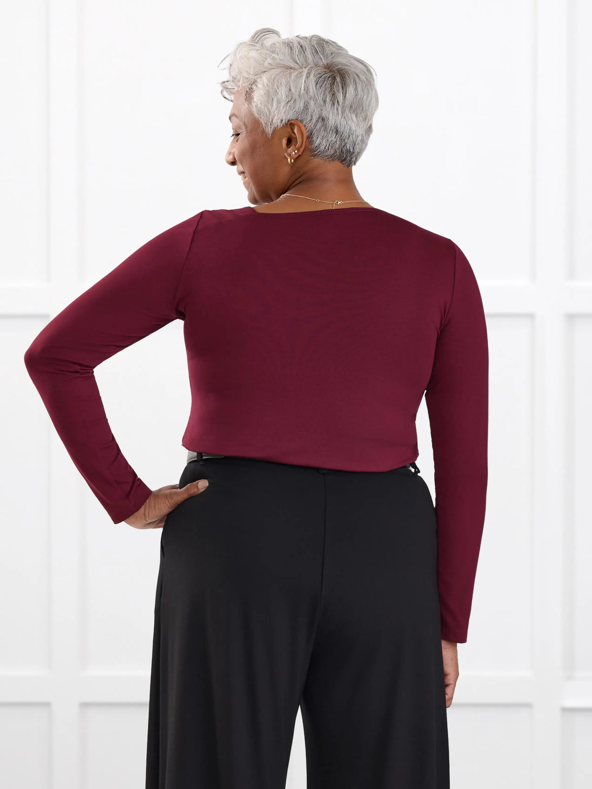 Tanna asymmetrical neckline top for women in Merlot on model Keethai, size M @Keethai-M 