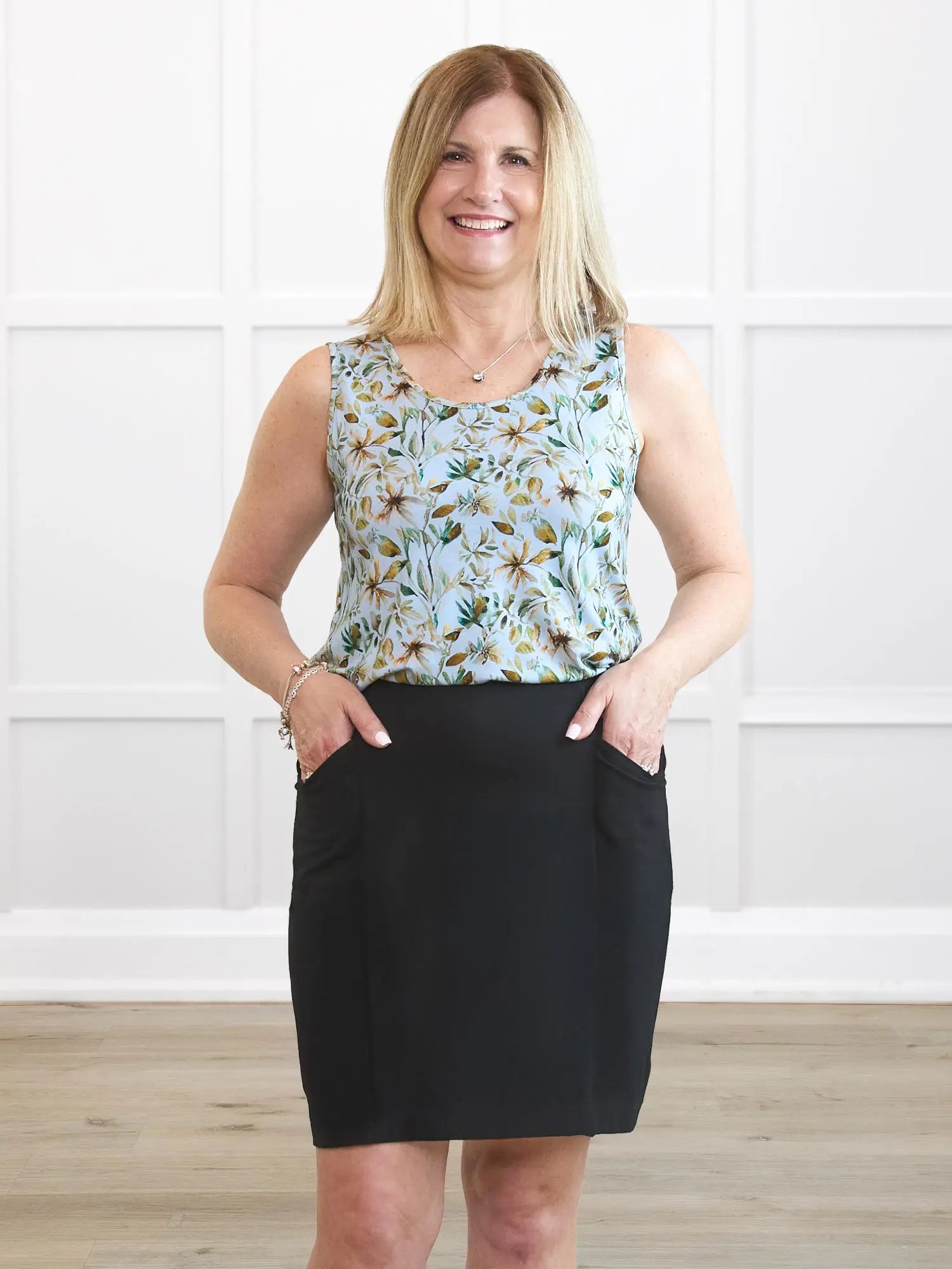 Tessa high waisted pocket skort for women in Black on model Natasha, size S Long @Natasha-S-long 