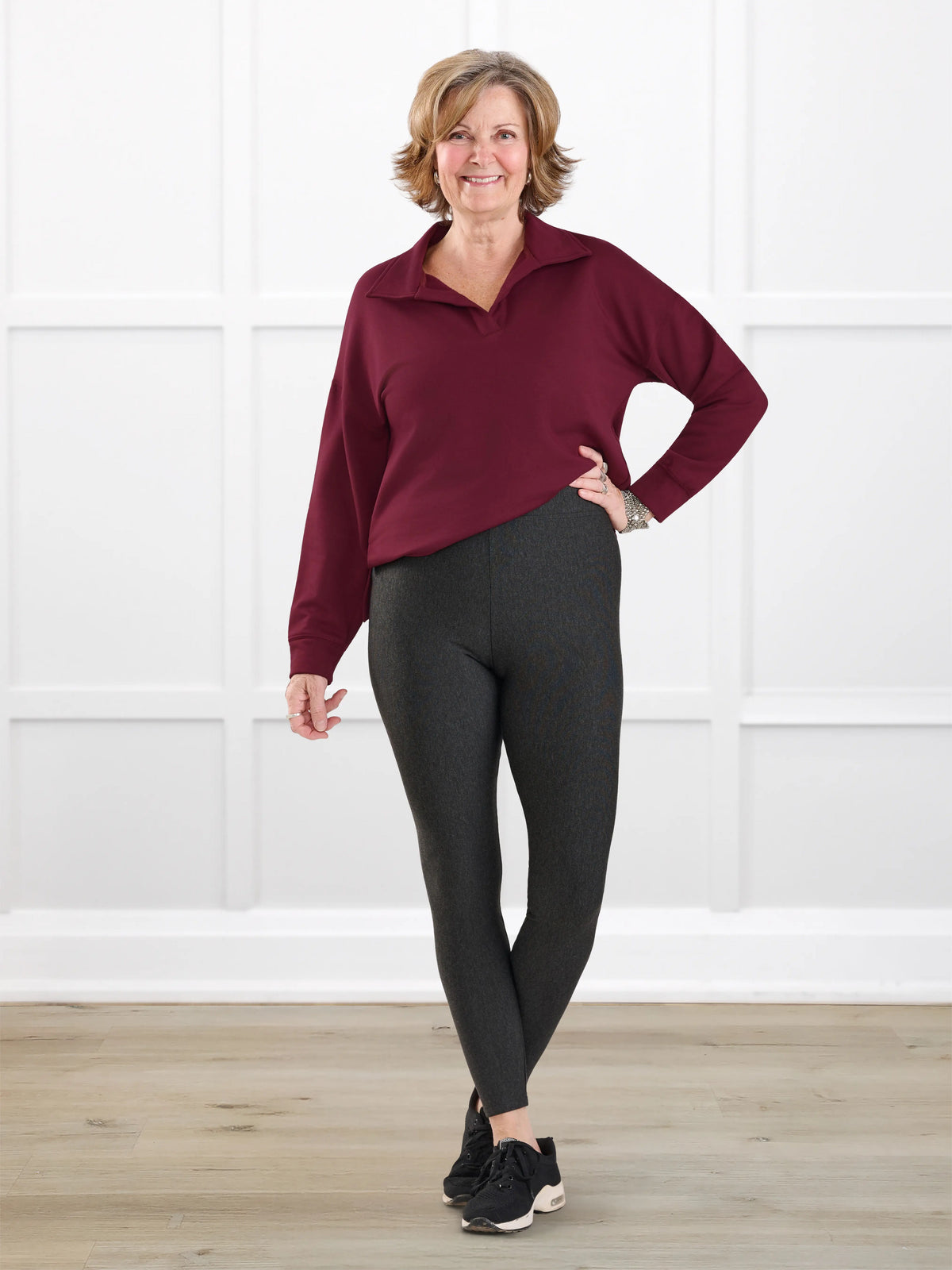 Tinsley mid rise fleece legging for women in Charcoal on model Donna, size S @Donna-S 