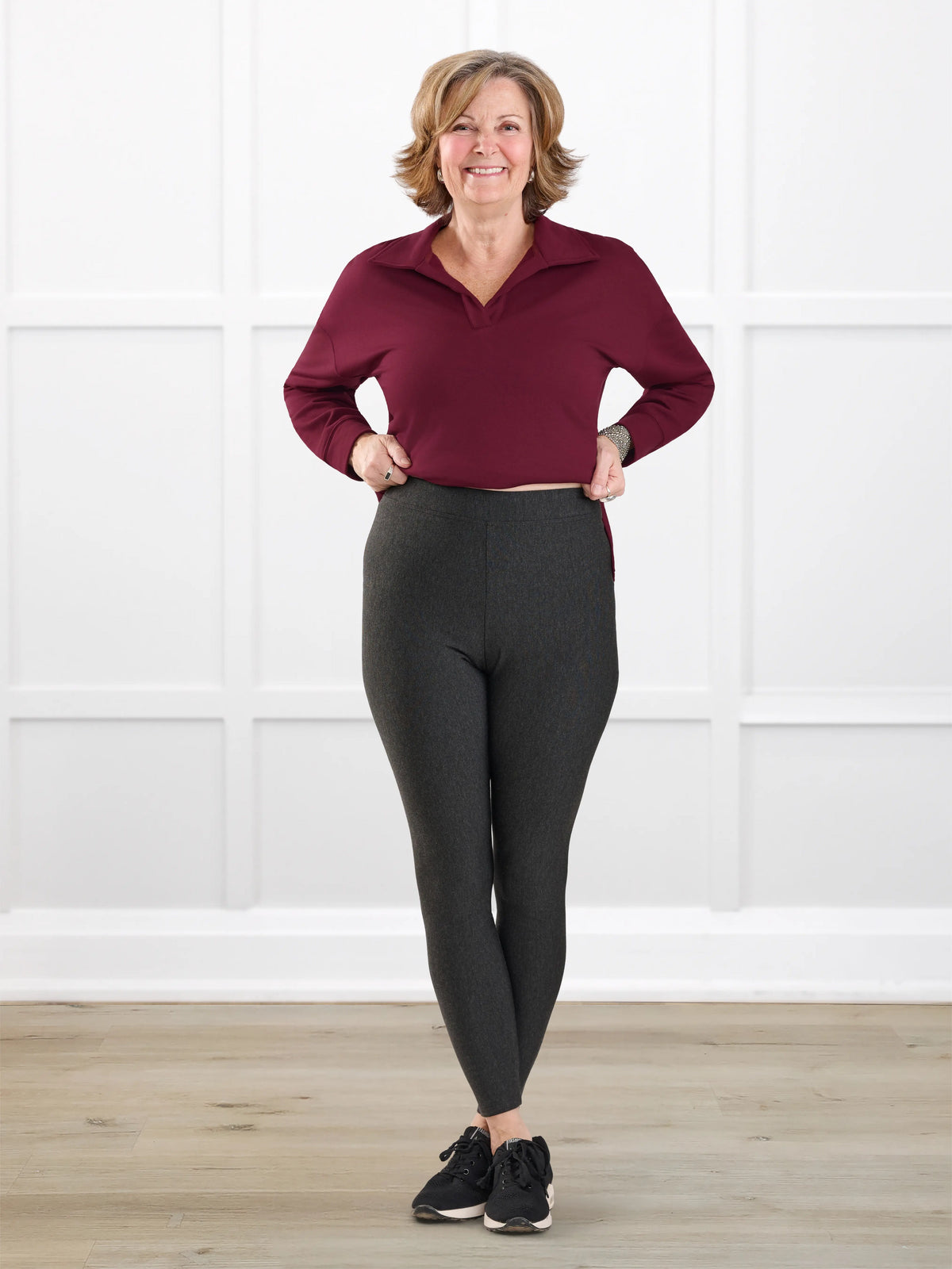 Tinsley mid rise fleece legging for women in Charcoal on model Donna, size S @Donna-S 