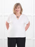 Triana ruched v neck dolman top for women in White on model Laurie, size XL @Laurie-XL 