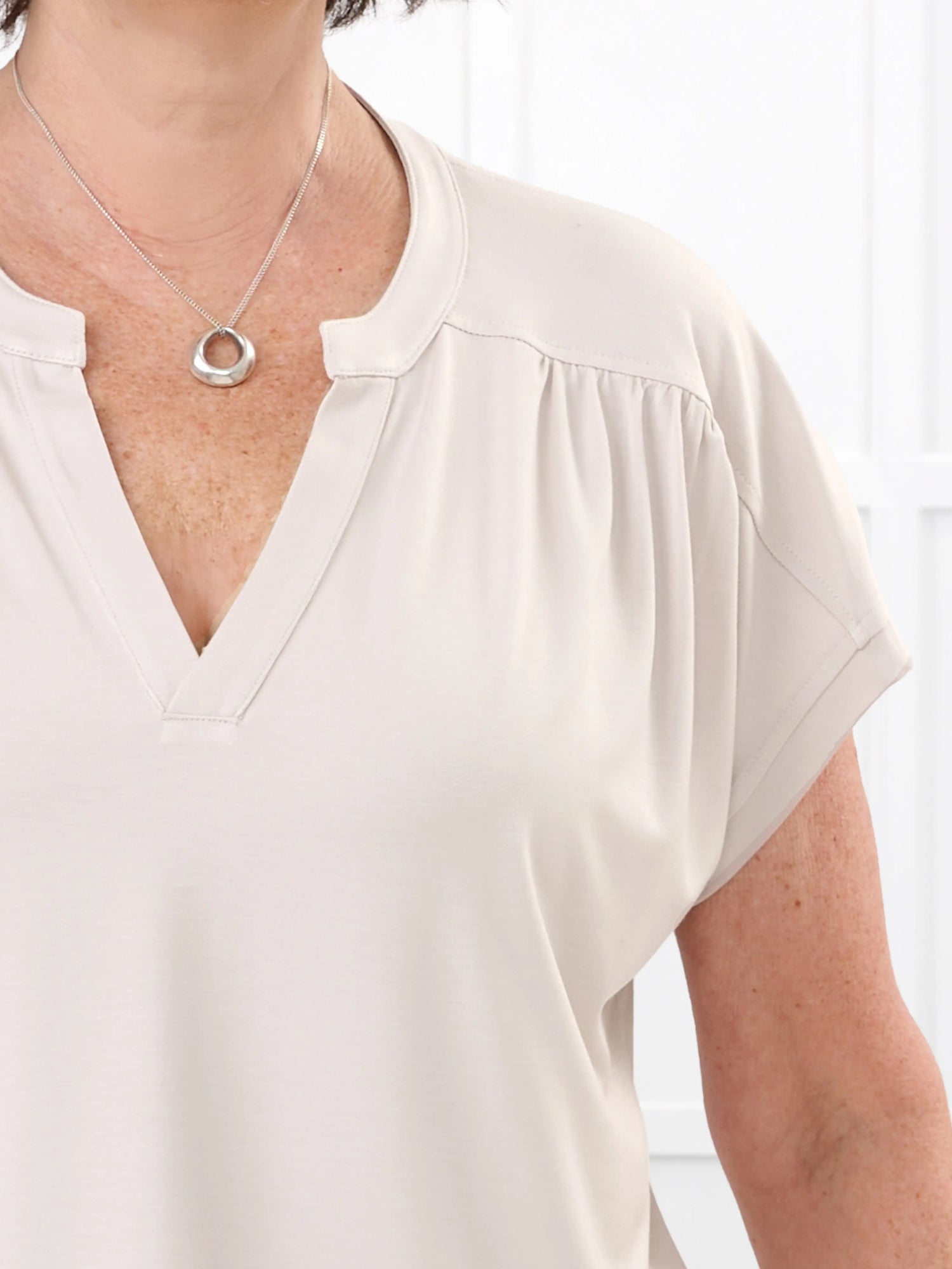 Triana ruched v neck dolman top for women in Sandstone 