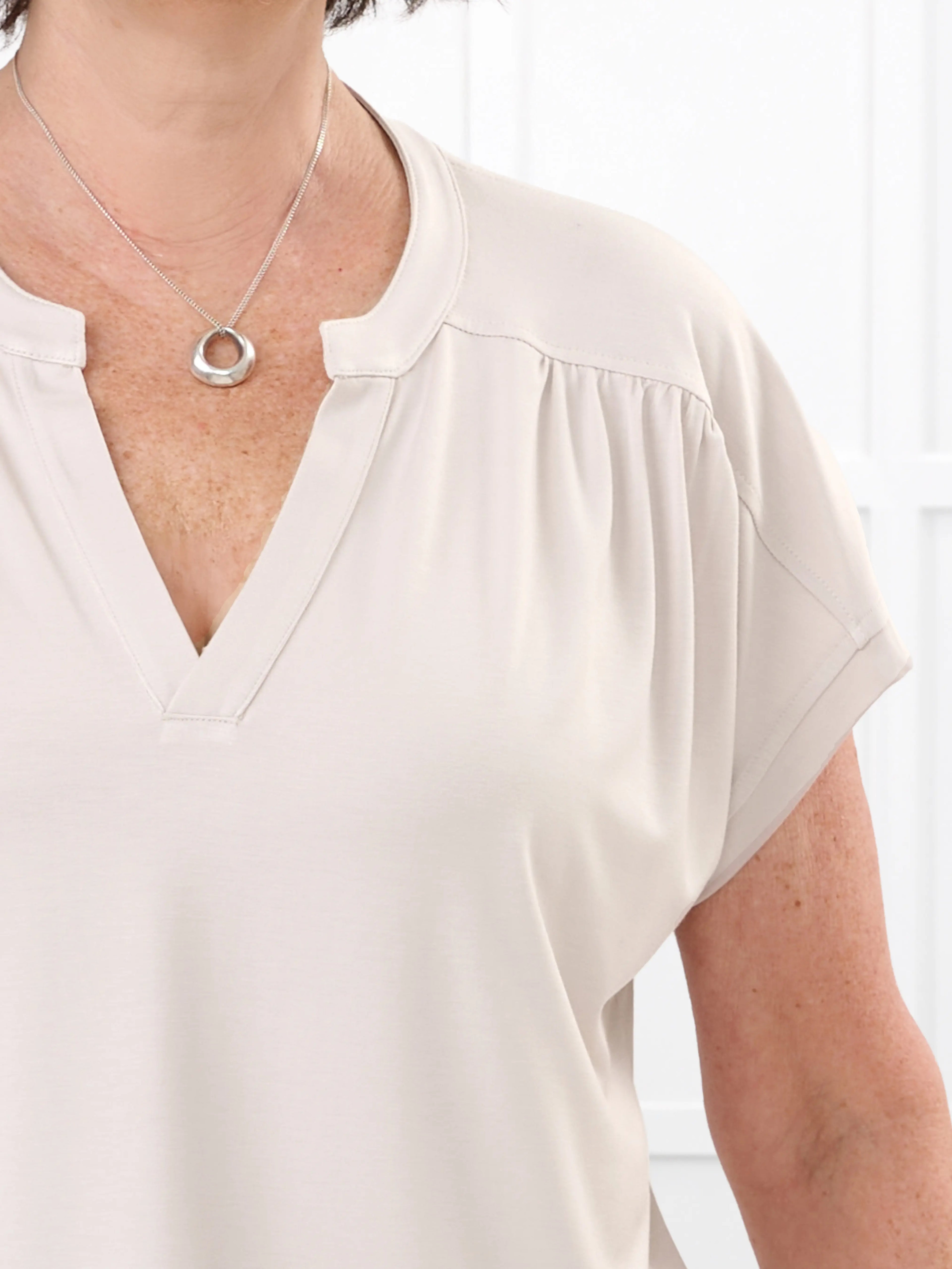 Triana ruched v neck dolman top for women in Sandstone 