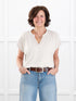 Triana ruched v neck dolman top for women in Sandstone on model Donna, size S @Donna-S 