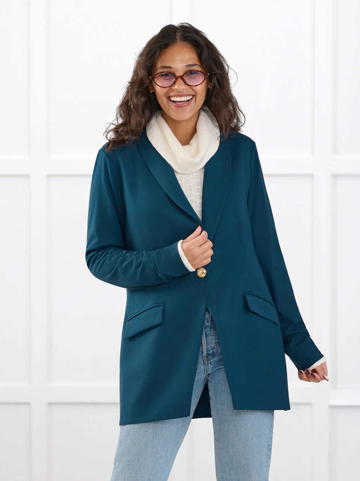 Trina relaxed tailored long blazer for women in Atlantic on model Meron, size XS @Meron-XS 