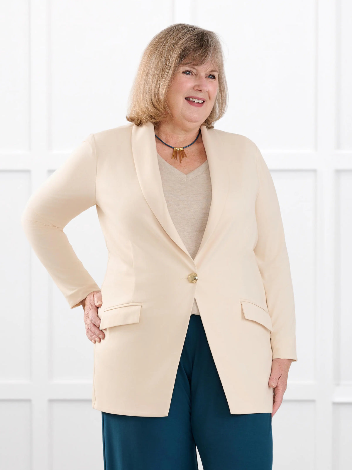 Trina relaxed tailored long blazer for women in Shortbread on model Laurie, size XXL @Laurie-XXL 